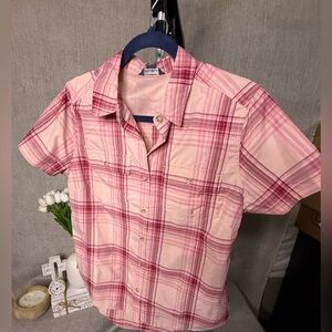 NWT Eddie Bauer Women’s Plaid Button Down Shirt Pink Cream Size L